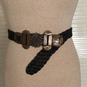 Braided Fabric Woven Black Belt with Unique Brass Buckle OS